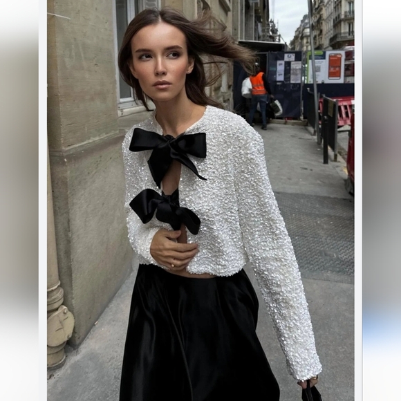 H&M viral white sequin black bow ribbon tie front cardigan sweater - Picture 14 of 16